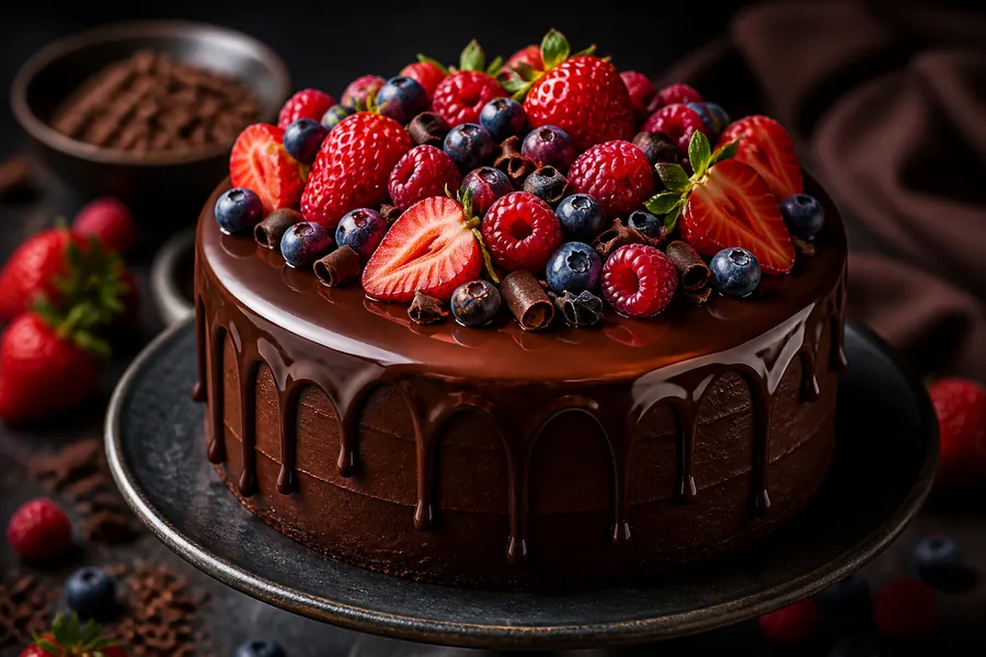 Elegantná luxusná čokoládová torta na objednávku, tmavá čokoládová poleva stekajúca po bokoch, ozdobená malinami, čučoriedkami a jahodami, profesionálna cukrárenská fotografia