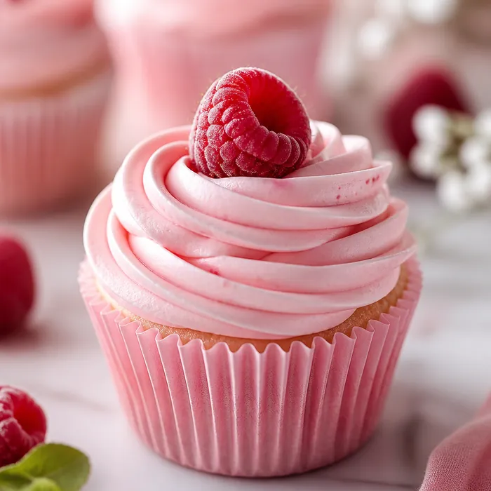 Ružový cupcake s krémovou špirálou a čerstvou malinou, detailná jemná cukrárenská fotografia