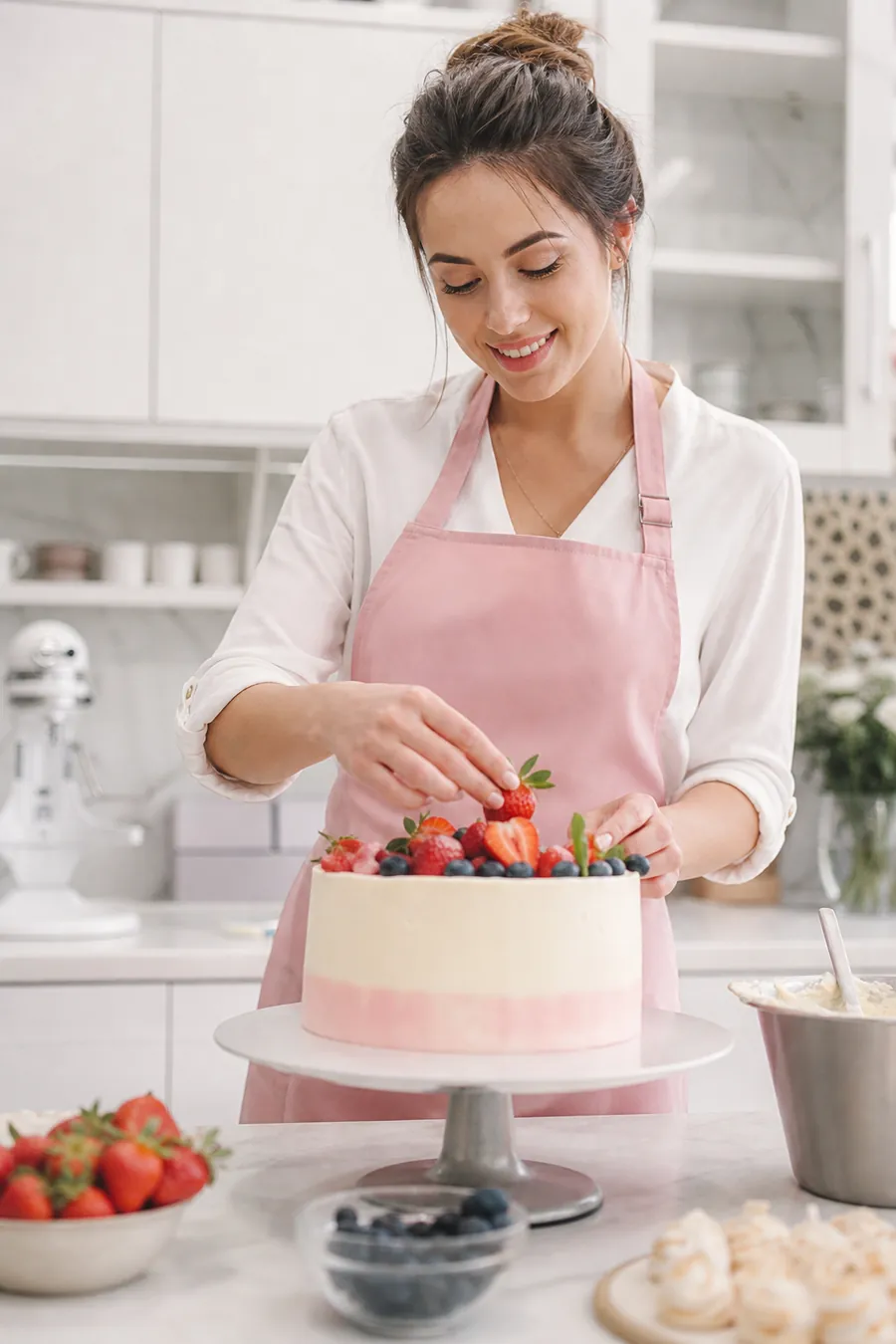 Mladá sympatická cukrárka Kristína v modernej svetlej cukrárenskej kuchyni, biela blúzka a pastelovo ružová zástera, usmieva sa pri zdobení elegantnej torty s ovocím, prirodzená autentická profesionálna fotografia